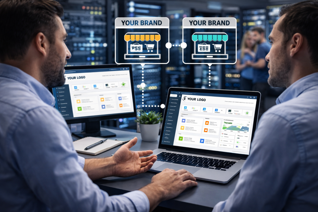 businessmen discuss white label hosting